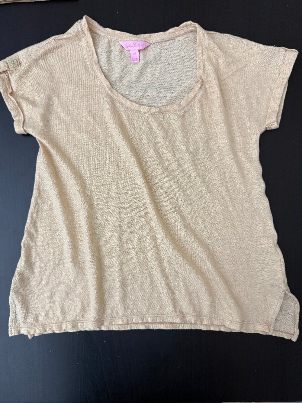 Tan Metallic Material Casual Short Sleeve Top - Lilly Pulitzer Size XS